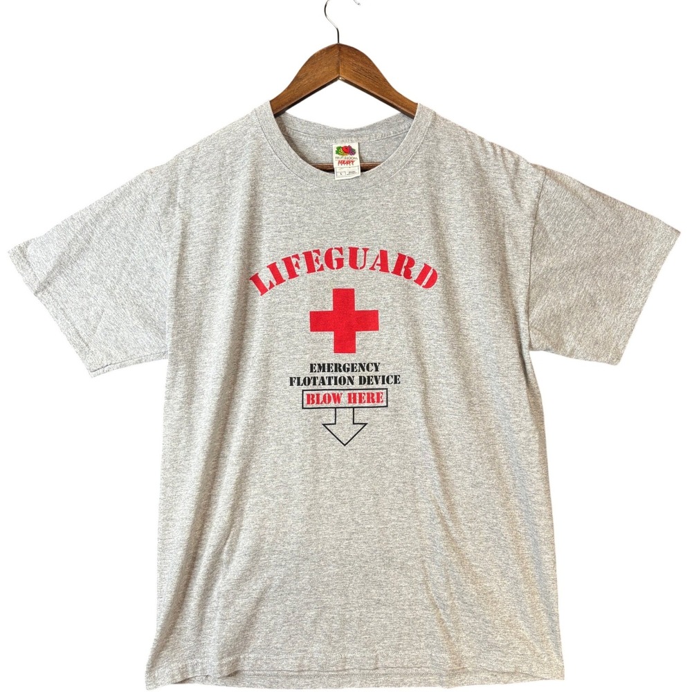 Vintage Lifeguard Emergency Flotation Device Grey Graphic T-Shirt Size L Humor